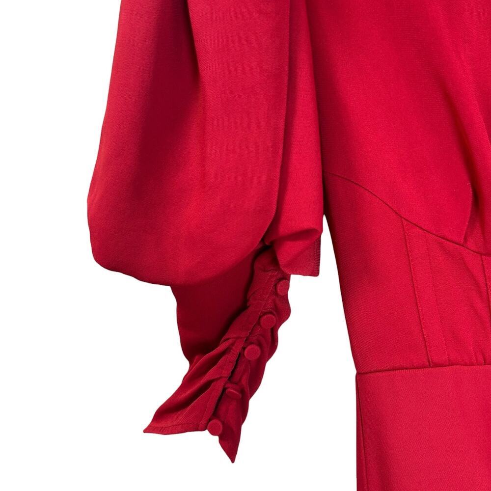 SELF-PORTRAIT, Crepe Midi Dress Puff Sleeve Side-Split Stretch Red SZ 0 US, 4 UK - Picture 11 of 14